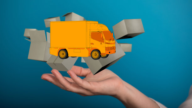 男性手与3D渲染卡车上面-物流和交付概念图片下载