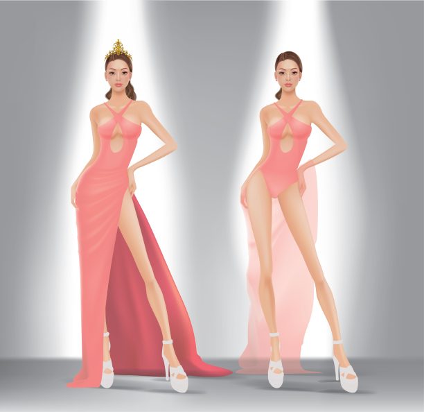 选美模特穿晚礼服和泳装的设计形象图片下载