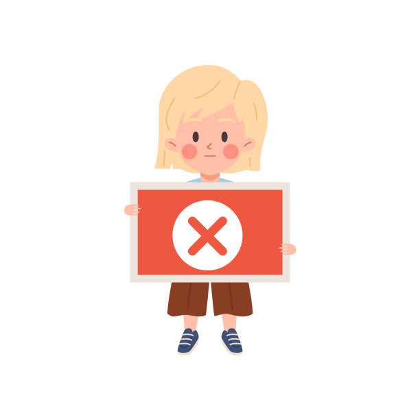 小女孩举着带有红十字的警告标志，白色背景上孤立的卡通平面矢量插图。正在学习安全知识的幼儿园儿童或小学生。图片下载