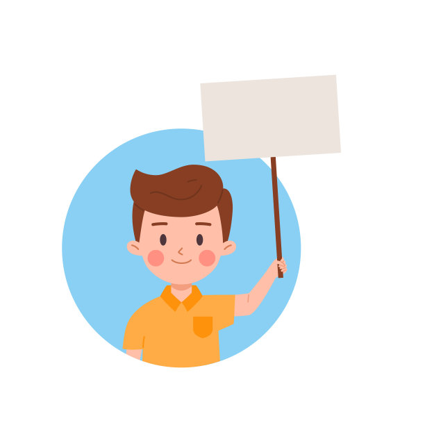 可爱的小男孩上升白板或标志，圆形图标-平面矢量插图孤立的白色背景。图片下载