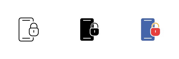 带有挂锁的电话图标。个人信息安全，手机锁定，解锁，黑客。矢量集合的图标排成一行，黑色和彩色风格隔离在白色背景上。图片下载