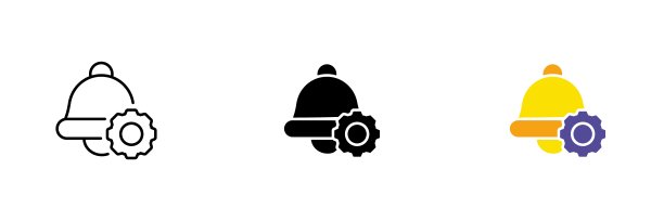 图标的闹钟齿轮。通知设置，警报设置。矢量集合的图标排成一行，黑色和彩色风格隔离在白色背景上。图片下载