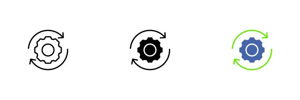 自行车齿轮图标。流程自动化，减少人为因素对生产的影响。矢量集合的图标排成一行，黑色和彩色风格隔离在白色背景上。图片下载