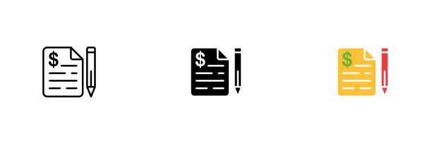 文件图标与美元和铅笔。付款，支票，工资，汇款单。矢量集合的图标排成一行，黑色和彩色风格隔离在白色背景上。图片下载