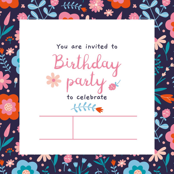 生日派对邀请卡模板与春天的氛围，花卉图案，卡通风格。时髦的现代矢量插图，手绘，平面图片下载