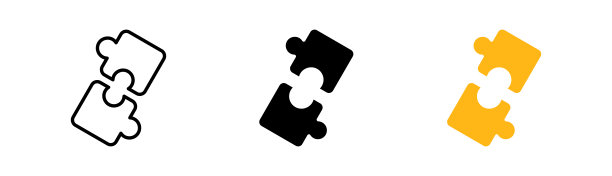 谜题设置图标。电脑，做任务，手，拼图，困难，解决问题，创意，创造力，心理矢量图标在直线上，黑色和彩色风格在白色背景上图片下载