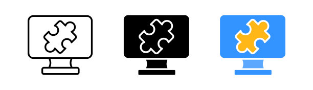 拼图图标。组装拼图，拆卸拼图，拼图和剪贴板。难题的概念。矢量图标在直线，黑色和彩色风格的白色背景图片下载