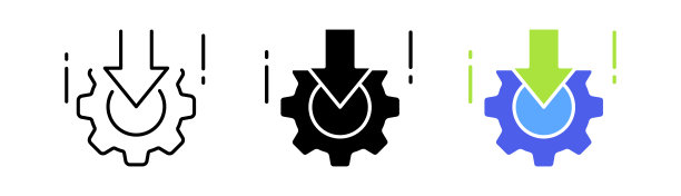 齿轮设置图标。机械，轮子，构造，建造，装置，机械，引擎，锁，建造者，技术。建筑的概念。矢量图标在直线，黑色和彩色风格的白色背景图片下载