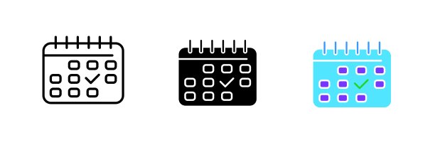 日历上有记号。检查标记，检查标记，约会，时间管理，会议，计划。矢量集图标在直线，黑色和彩色风格隔离在白色背景图片下载