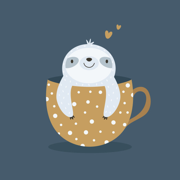 一只可爱的树懒坐在杯子里的矢量插图。图片下载