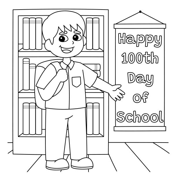 100天的学生与书包着色页图片下载