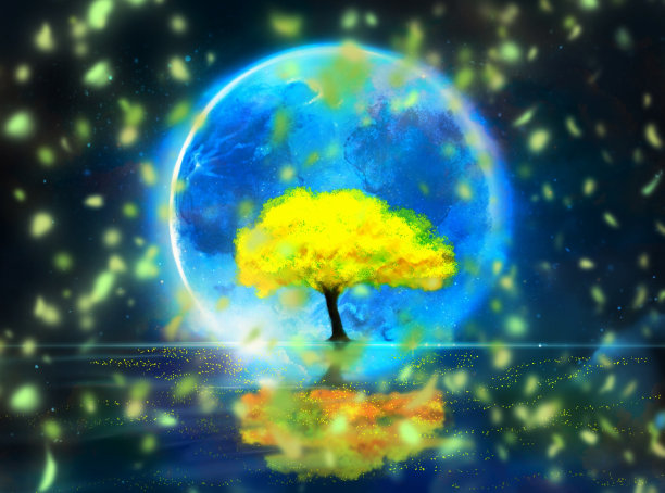 一棵黄色的含羞草树从海上升起，背景是含羞草雪花在夜空中飞舞图片下载