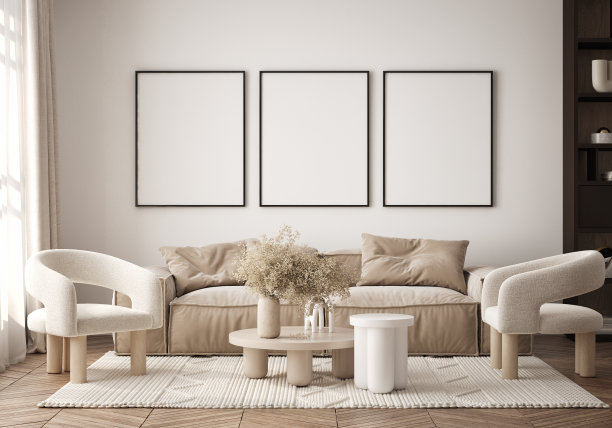 客厅墙上的海报框架模型。现代设计的豪华公寓背景。现代室内设计。3D渲染，3D插图。图片下载