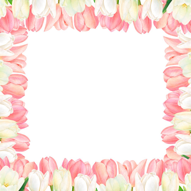 方形明信片，白色和粉红色郁金香花边邀请和贺卡图片下载