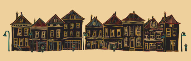 童话般的荷兰住宅建筑草图，街道立面全景图图片下载