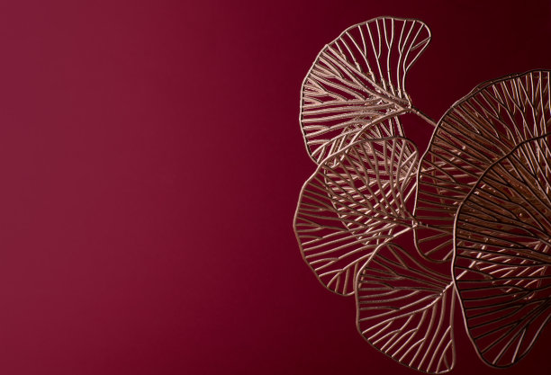 暗红色背景下的金色银杏叶。豪华装饰海报印刷或横幅背景。图片下载