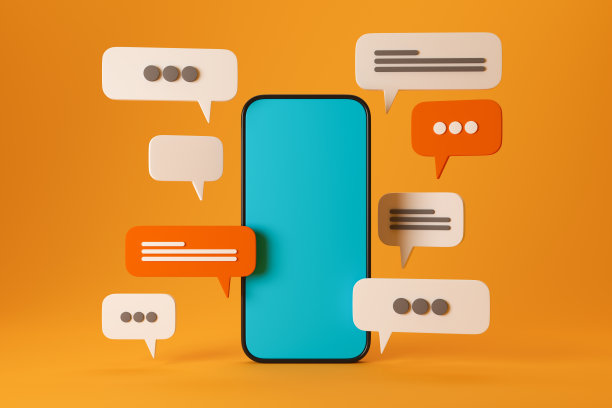 3D智能手机，聊天气泡图标和橙色背景通知。图片下载