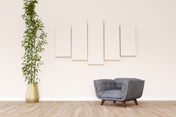 现代的房间设计，舒适的扶手椅和墙上的框架。三维渲染图片下载