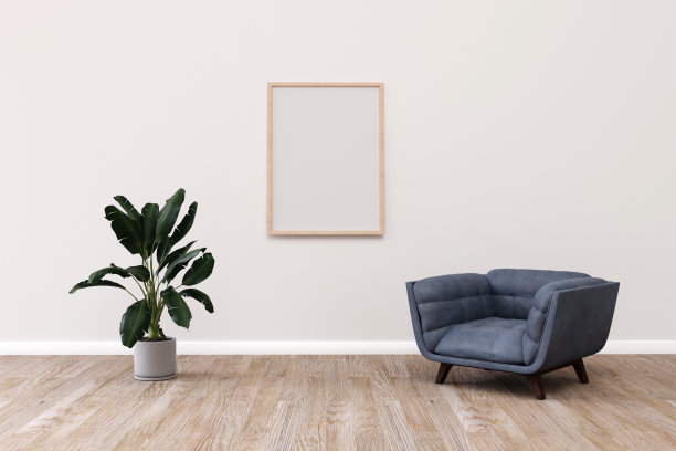 现代的房间设计，舒适的扶手椅和墙上的框架。三维渲染图片下载