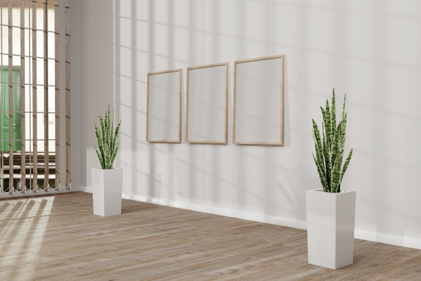 室内有三个大木框。三维渲染图片下载