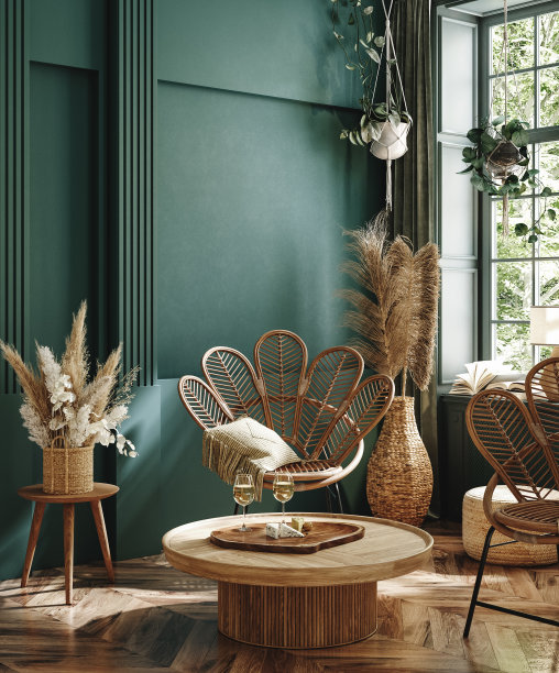 深绿色客厅内的藤条家具和装饰图片下载