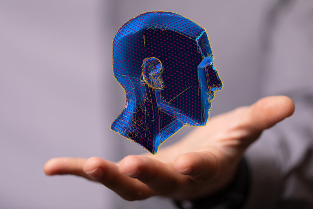 三维渲染的半机械人头部结构，多边形人脸图片下载