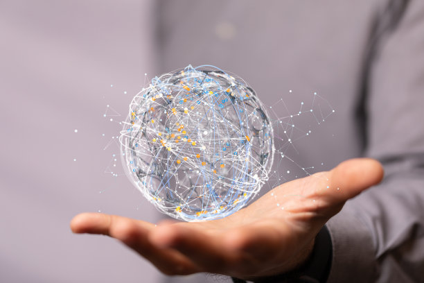 一个商人的3D渲染使用数据网络在他的手在一个模糊的背景图片下载