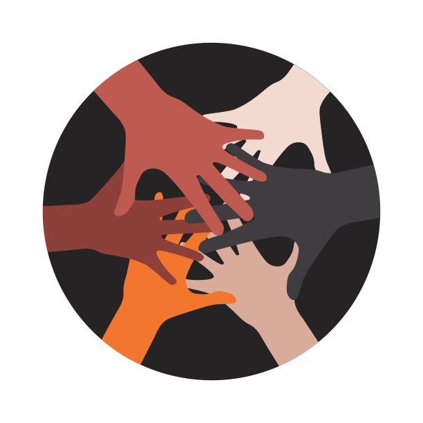 孤立的插图矢量图标的许多剪影手堆象征团结，伙伴，团队，团队工作，友谊，团队精神，团结在黑暗的黑色圆圈标志图片下载