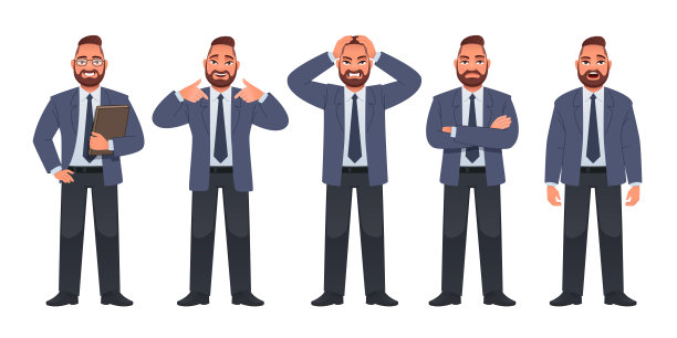 戴眼镜的商人拿着一个装着文件的文件夹，惊恐、惊讶、不满，指着自己。一个穿着西装打着领带的大胡子男人站在不同的姿势。成年男子的角色设定。图片下载