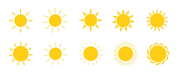 太阳图标设置。黄色太阳星图标收集。夏天，阳光，自然，天空。矢量插图隔离在白色背景上。平的图标。图片下载
