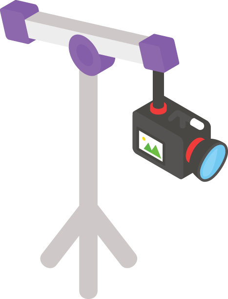 三脚架与相机等距概念，播客设置矢量颜色图标设计，视频博主符号，摄影师或录像设备标志，电影和摄影股票插图图片下载