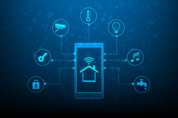 手机上的智能家居数字技术。物联网家庭自动化系统。室内移动控制电子设备。物联网概念与图标。图片下载