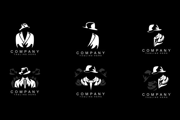 侦探人标志设计，黑手党侦探时尚燕尾服和帽子插图矢量，黑人商人图标图片下载