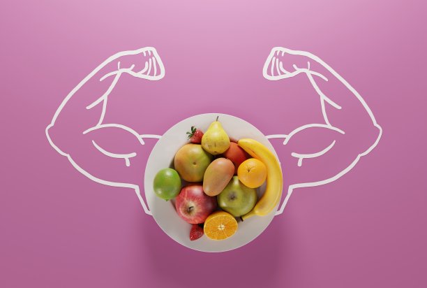 肌肉在盘子的背景与不同的水果。图片下载