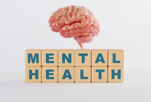 大脑背景上刻有“精神健康”字样的木块。图片下载