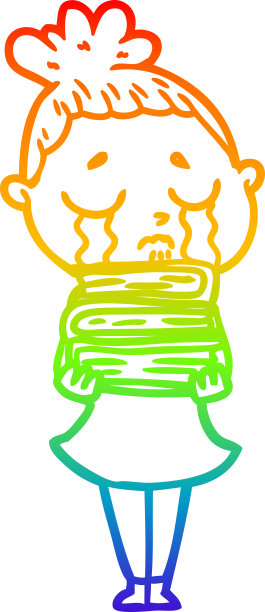 彩虹渐变线画一个卡通哭泣的女人与一堆书图片下载