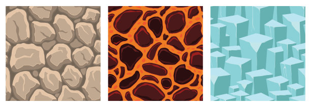 卡通游戏纹理，熔岩，冰，岩石和砖，污垢和地面表面无缝模式。游戏资产墙壁和环境背景图片下载