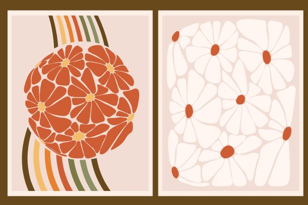 抽象花卉复古海报与雏菊花。美学现代艺术插画。矢量垂直海报与Groovy模式。70年代60年代怀旧手绘海报或卡片，t恤印刷，墙壁艺术。图片下载