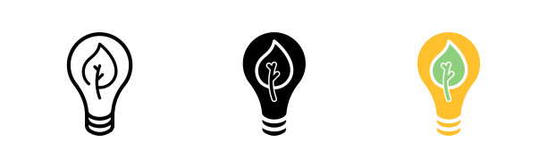 带叶子的灯泡。绿色能源，电力，可再生资源，自然，生态，清洁环境。生态学的概念。矢量图标在直线，黑色和彩色风格的白色背景图片下载