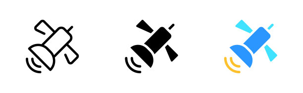 卫星碟形线图标。国家电视台，视频，意见领袖，广告，新闻，企业博客，事件报道，电子邮件简报。矢量图标在直线，黑色和彩色的风格图片下载