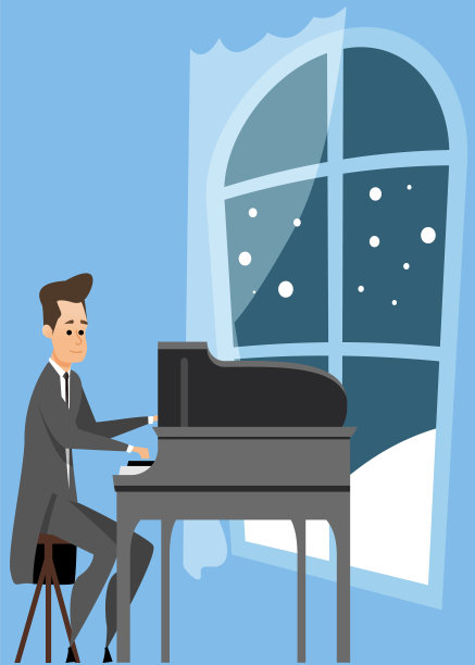 身着音乐会服装的音乐家在舞台上的大钢琴上演奏音乐作品图片下载