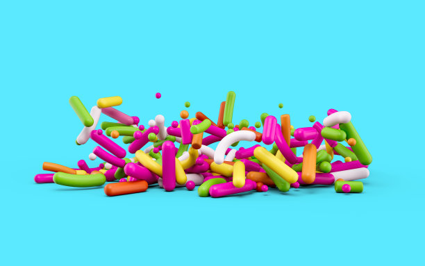 糖洒，装饰蛋糕和面包店，彩色洒在青色背景，3d插图图片下载