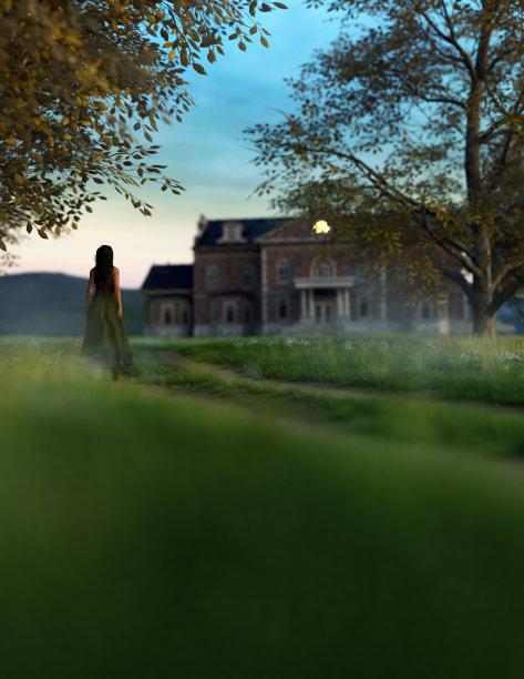 日落时分，身着礼服的女子走在通往乡间庄园的车道上。3 d渲染。图片下载