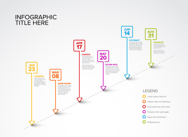 在对角线模板上带有六个正方形细线液滴指针的时间轴图片下载