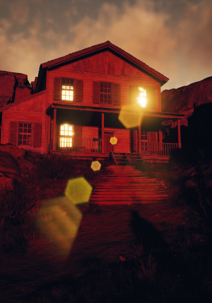 日落时分，老山村的木屋，窗户亮着灯。3 d渲染。图片下载