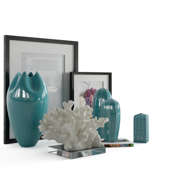 珊瑚雕塑和闪闪发光的蓝绿色花瓶的3D渲染在白色背景上的框架图片图片下载