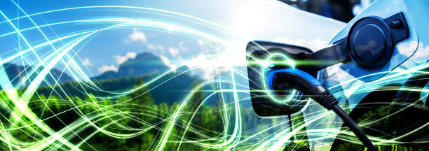 电动汽车充电站以绿色能源和可持续能源生产的生态电力为概念，供应给充电站，以减少二氧化碳排放。图片下载