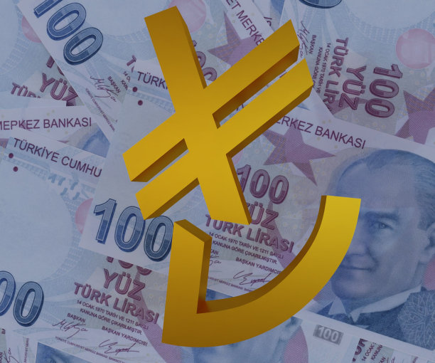 破金土耳其里拉符号与100里拉纸币现金钱图片下载