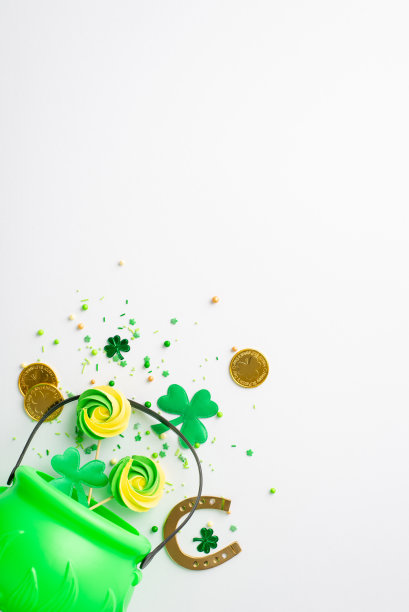 圣帕特里克节的概念。俯视图垂直照片绿色锅蛋白糖洒金币马蹄铁和三叶草孤立的白色背景与空白图片下载