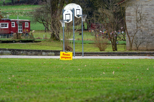 在一个灰蒙蒙、多云的冬日，苏黎世市施瓦门丁根区的校园里，操场上有黄色和红色的标志和文本草坪。图片下载